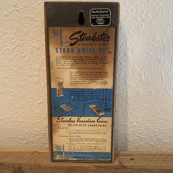 Vintage EKCO Flint Steak Knife Set of 6 Original Wood Holder Made in the USA - Picture 4 of 12